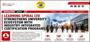 Breaking news: Learning Spiral Ltd strengthens university ecosystem with industry-integrated certification programs; students walk toward a university building.