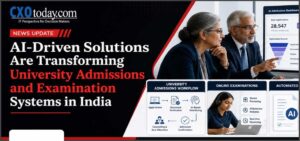 Banner with headline: AI-Driven Solutions Are Transforming University Admissions in India, with two professionals reviewing data on a monitor.