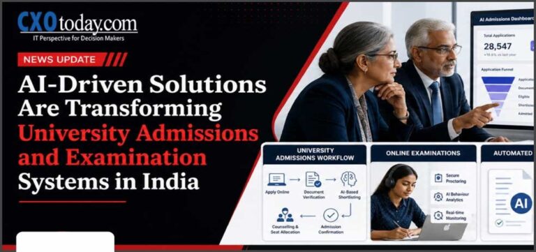 Banner with headline: AI-Driven Solutions Are Transforming University Admissions in India, with two professionals reviewing data on a monitor.