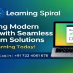 Advertising banner for Learning Spiral: gradient background, bold white headline about online exam solutions, yellow subtitle 'Transform Learning Today!', and contact info with a laptop image on the right.
