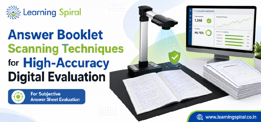 Answer booklet scanning workflow showing digital evaluation of university exam sheets powered by Learning Spiral's automation system.