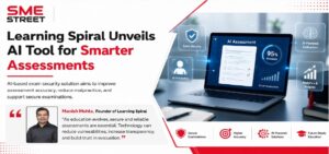 Banner advertising Learning Spiral AI tool for smarter assessments with a laptop and a founder's quote on the left panel.