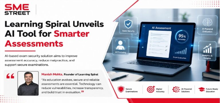 Banner advertising Learning Spiral AI tool for smarter assessments with a laptop and a founder's quote on the left panel.