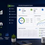 Banner showcasing Integrated Digital Evaluation by Learning Spiral with a university management dashboard and a person using a laptop in the foreground.