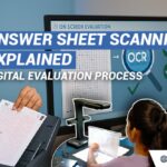 University exam team scanning answer sheets for secure On Screen Evaluation using Learning Spiral Ltd. digital evaluation workflow.
