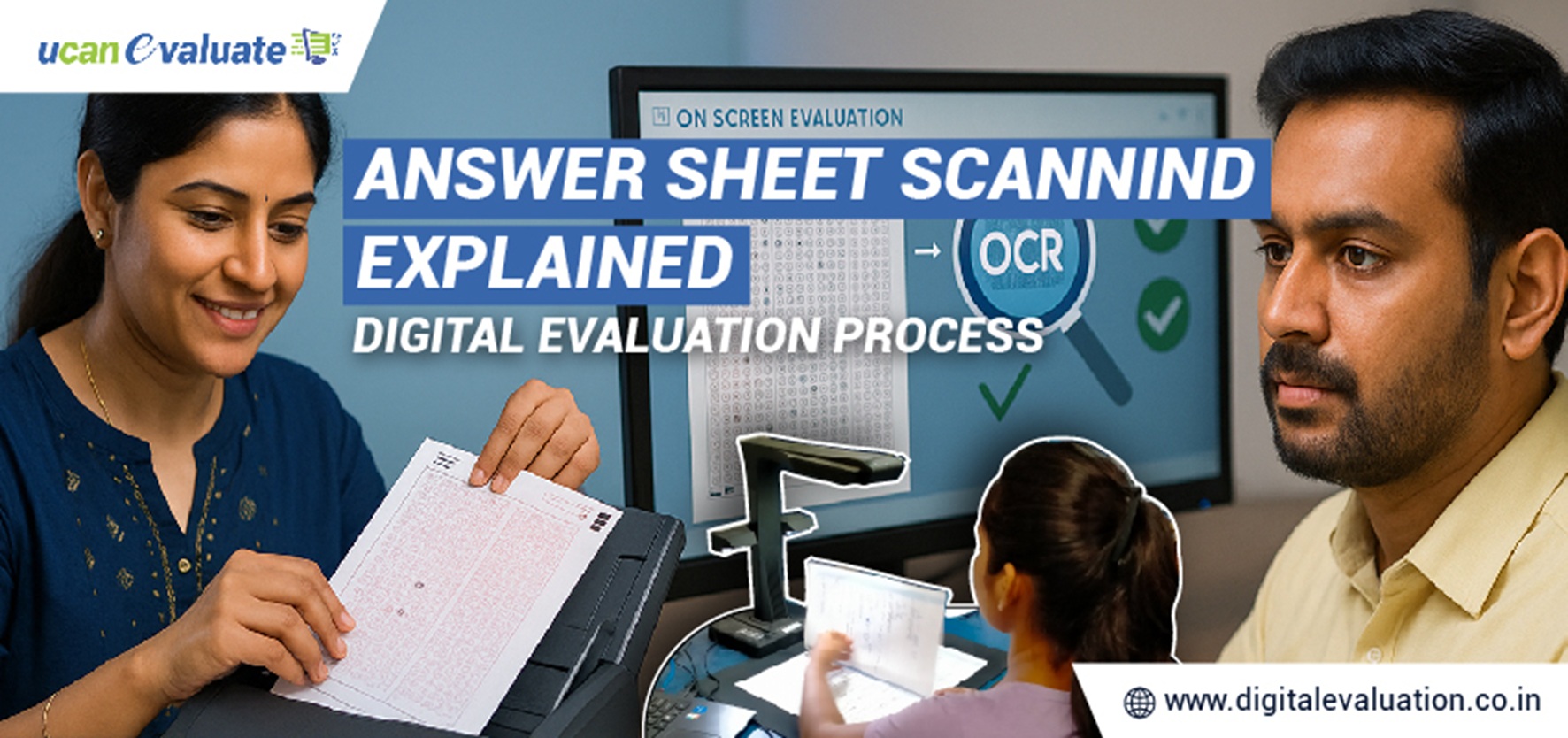 University exam team scanning answer sheets for secure On Screen Evaluation using Learning Spiral Ltd. digital evaluation workflow.