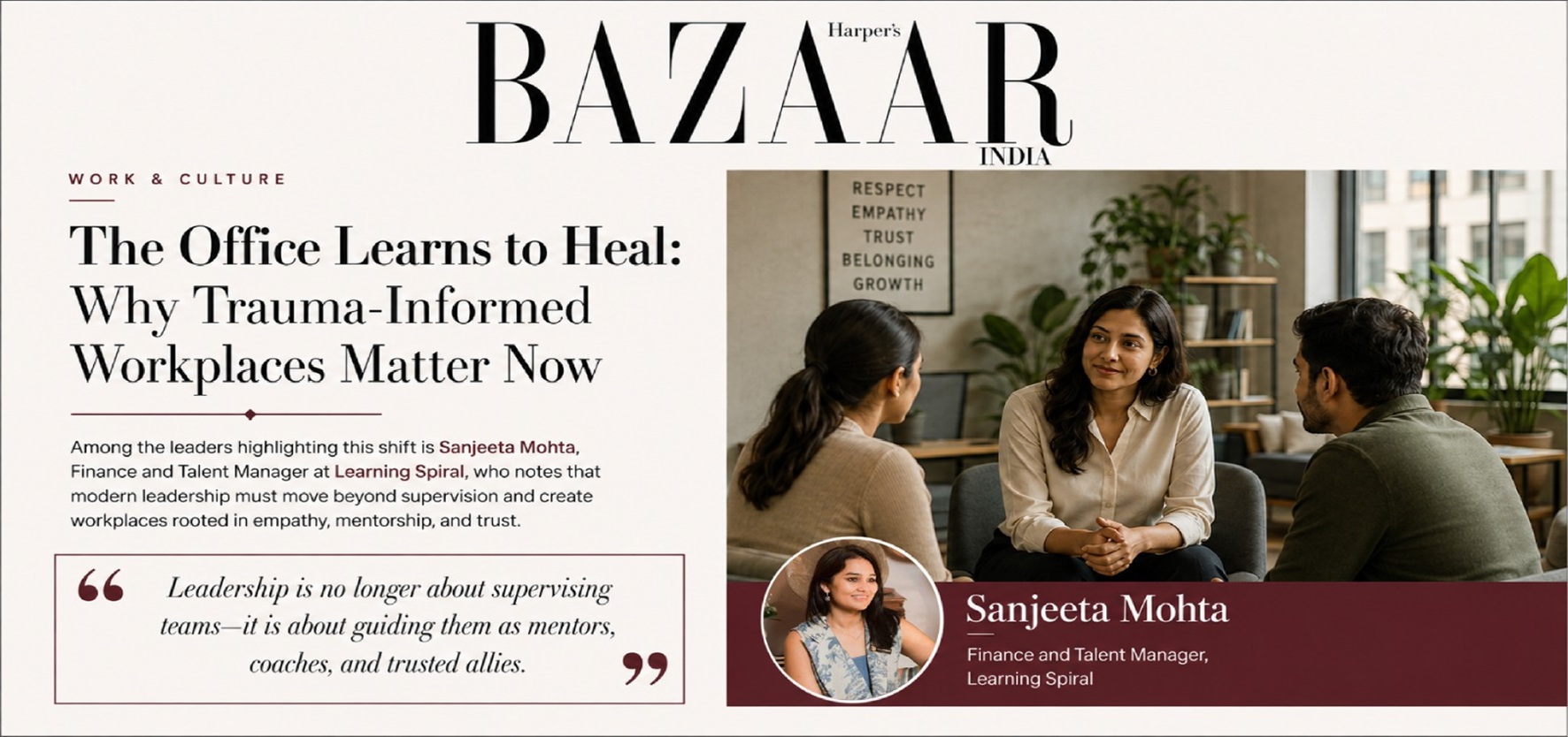 Sanjeeta Mohta, Finance and Talent Manager at Learning Spiral, featured in Harper's Bazaar India article on trauma-informed workplaces