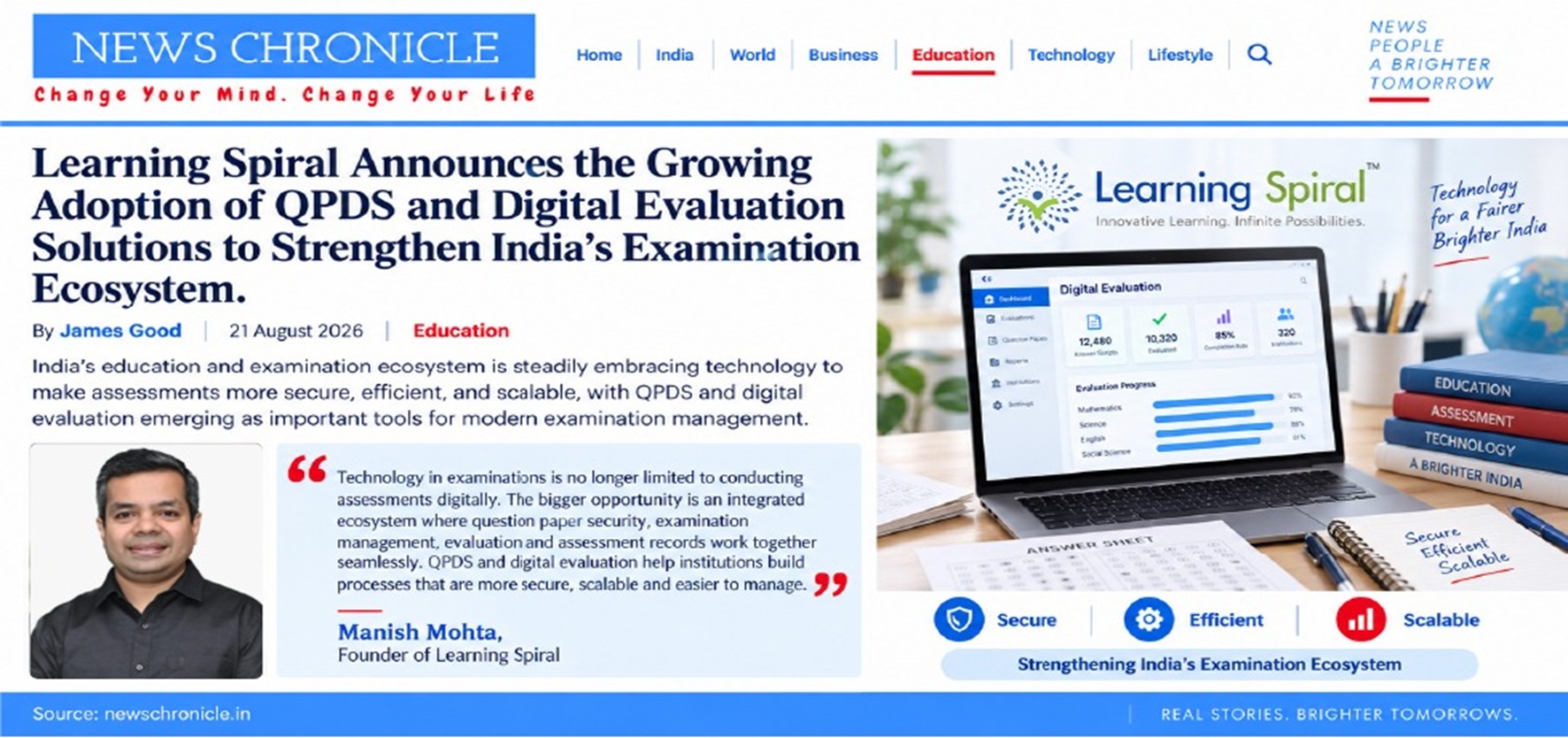 Newspaper-style article header about Learning Spiral's digital evaluation solutions; right shows a laptop dashboard and education books, left a founder's portrait with a quote box.