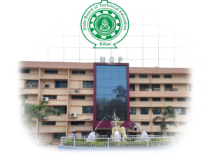 Front view of a beige multi-storey building with a blue central glass panel, a fountain in front, and the green State Board of Technical Education Bihar emblem above.