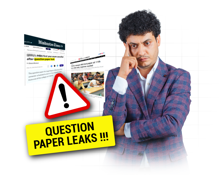 Puzzled man in a plaid blazer beside a bright 'Question Paper Leaks!!!' alert sign and newspaper clippings about exam leaks, on a grid backdrop.