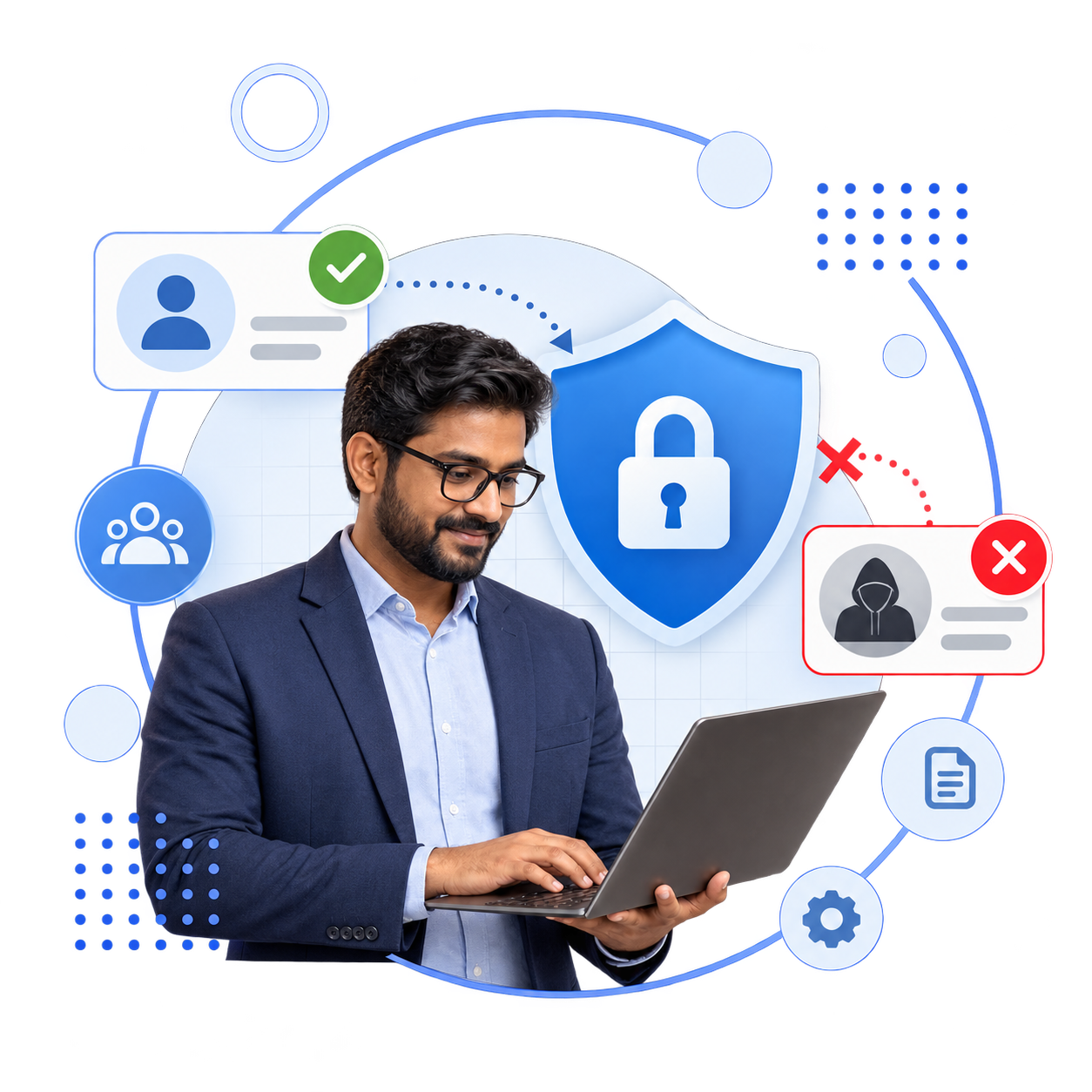 Businessman in a suit using a laptop with a security shield representing cybersecurity and data protection.