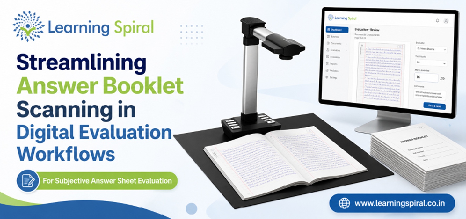 Answer booklet scanning and digital evaluation workflow for secure on-screen marking in universities.